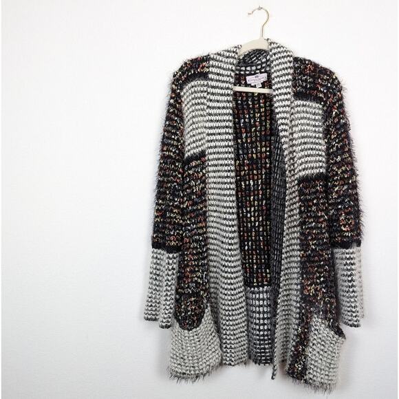 Muche et Muchette Black & White Multicolor Fuzzy Knit Cardigan Size OS - Picture 3 of 8
